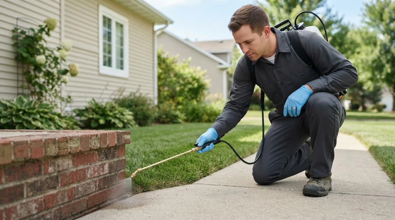 Pest control technician treating a home near Keene, NH