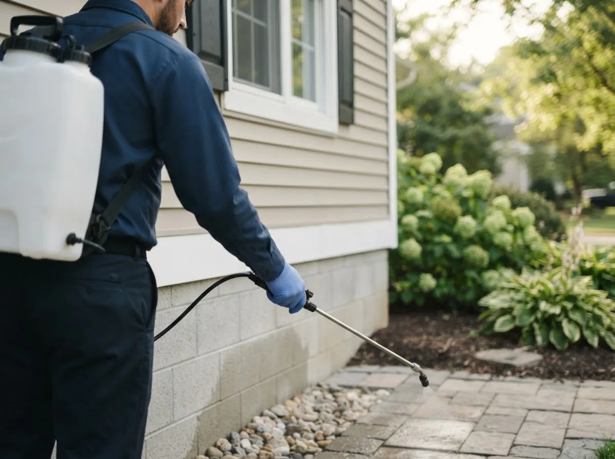 Pest control technician inspecting a home in Keene, NH